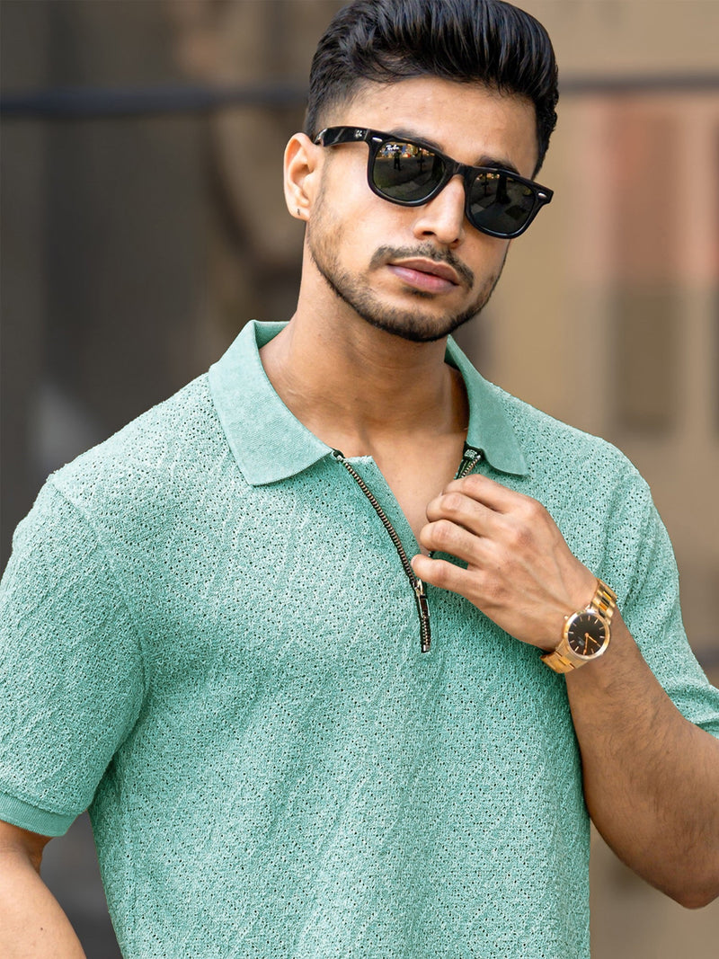 Croshia knit Berly Green Half Zip Half Sleeve Polo T-Shirt