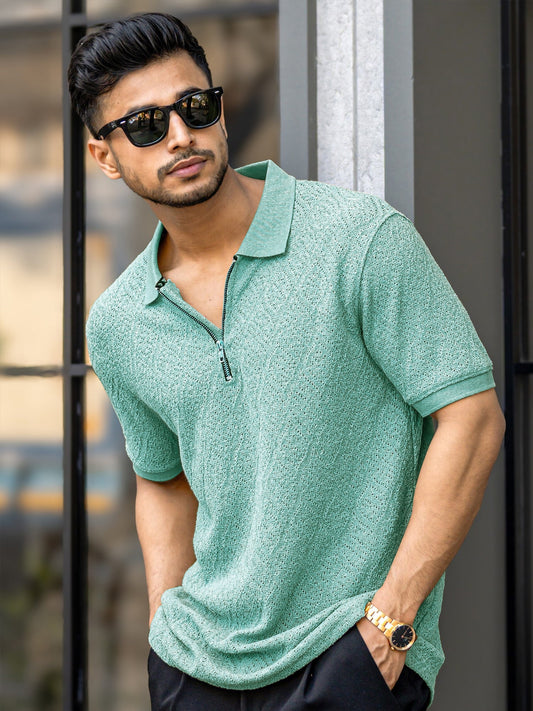 Croshia knit Berly Green Half Zip Half Sleeve Polo T-Shirt