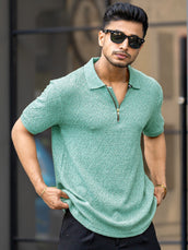 Croshia knit Berly Green Half Zip Half Sleeve Polo T-Shirt