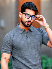 Chess Knit Dark Grey Polo Half Sleeve T-Shirt