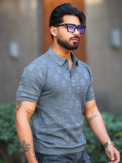 Chess Knit Dark Grey Polo Half Sleeve T-Shirt