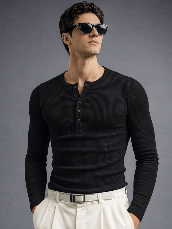 Black ribbed henley neck full sleeve t-shirt for men