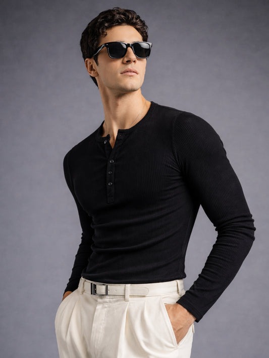 Black Ribbed Henley Neck Full Sleeve T-Shirt