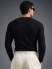Black Ribbed Henley Neck Full Sleeve T-Shirt