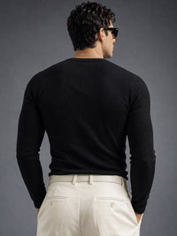 Black Ribbed Henley Neck Full Sleeve T-Shirt