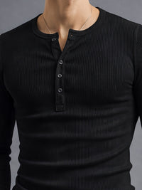 Black Ribbed Henley Neck Full Sleeve T-Shirt