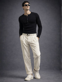 Black Ribbed Henley Neck Full Sleeve T-Shirt