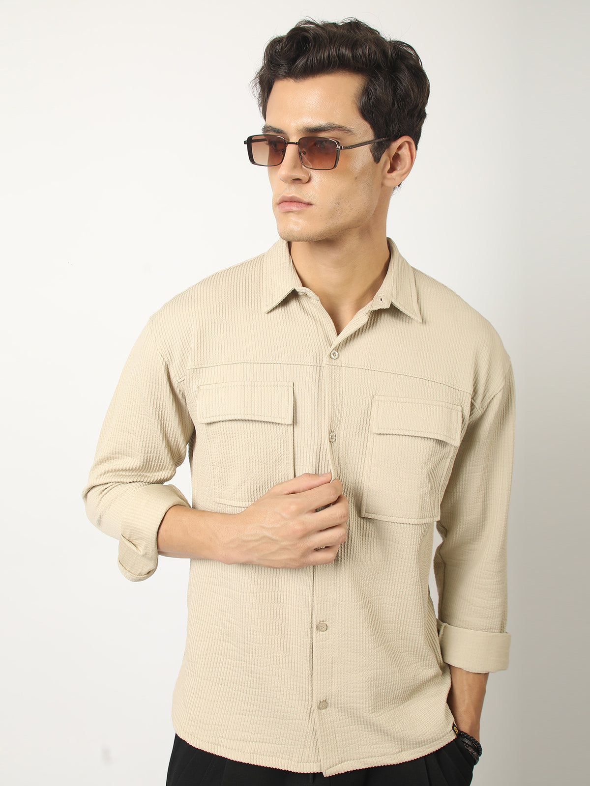 Beige full sleeve elliot knit lycra shirt for men - view 4