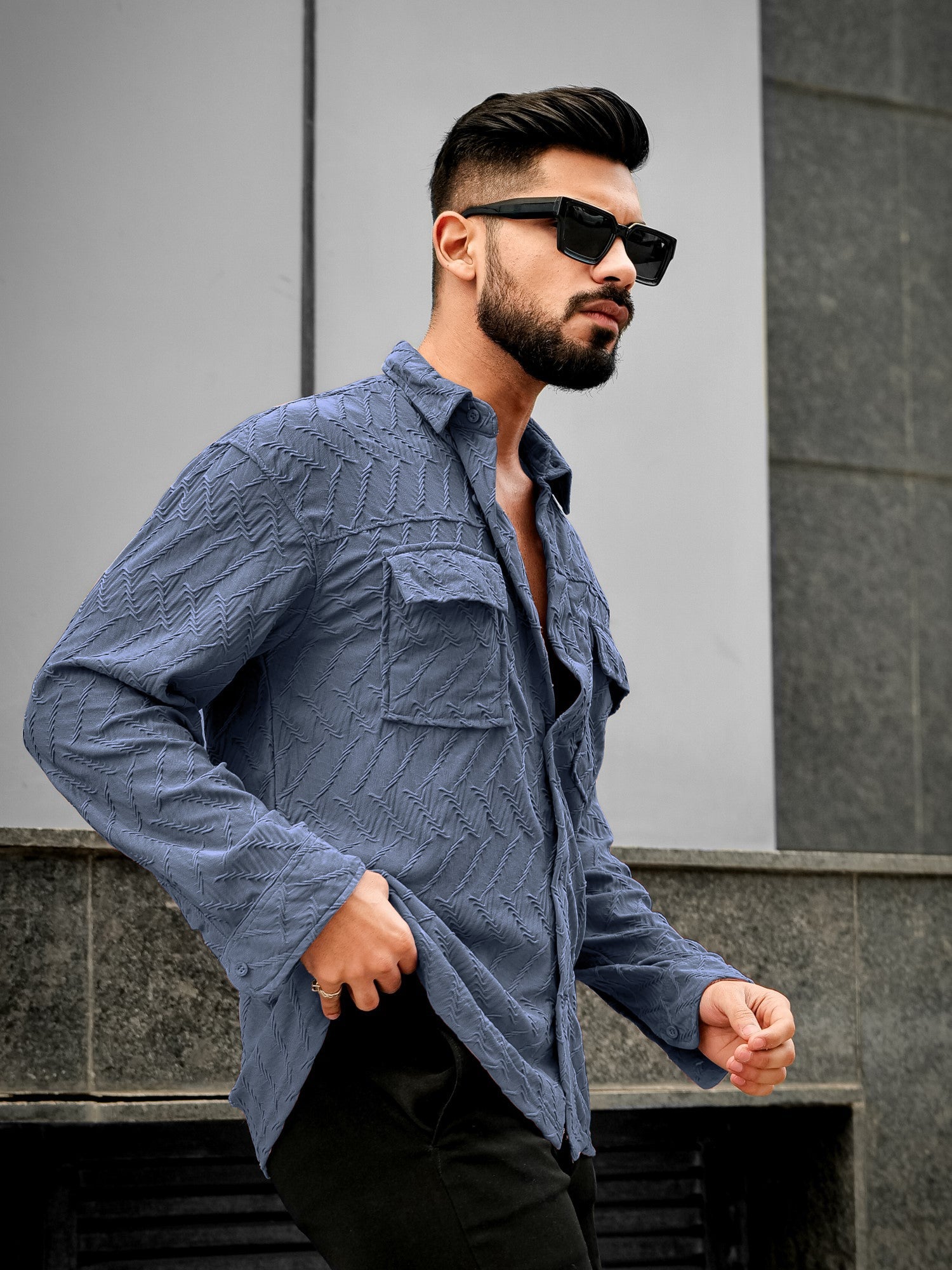 Creased Denim Blue Full Sleeve Shirt