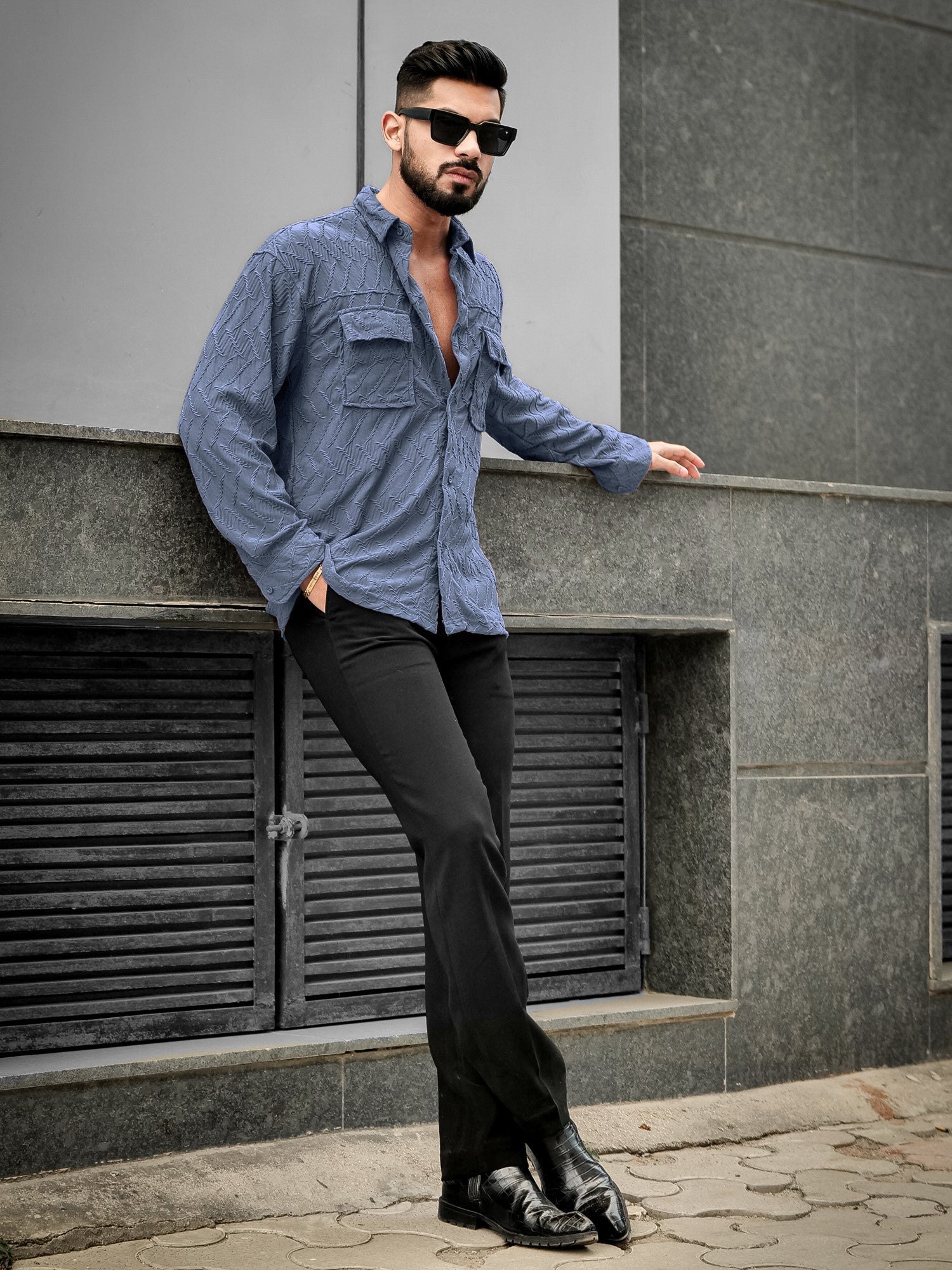 Creased Denim Blue Full Sleeve Shirt