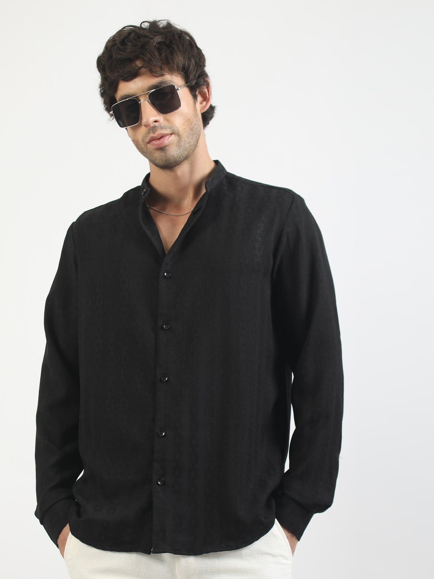 Self Jacquard Black Full Sleeve Shirt