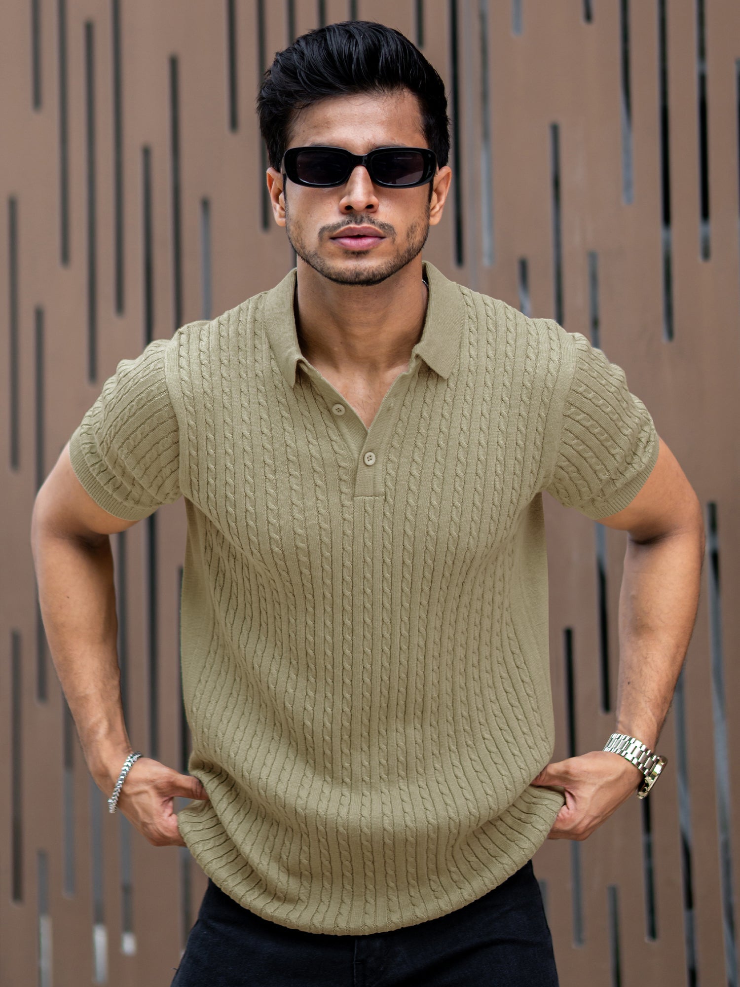 Ribbed Knit Light Green Polo T-Shirt