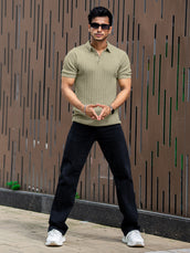 Ribbed Knit Light Green Polo Half Sleeve T-Shirt