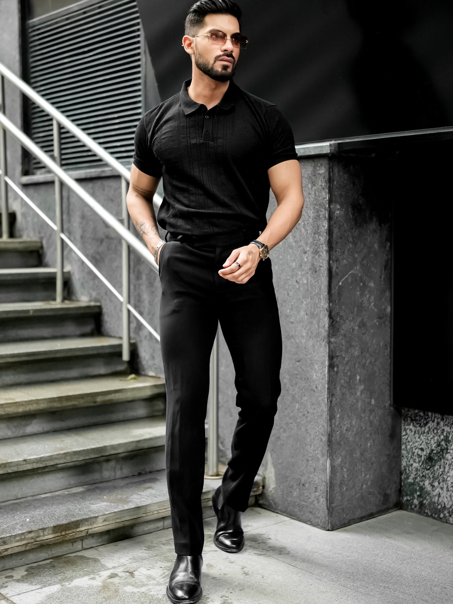 Flat Knit Black Slim T-Shirt