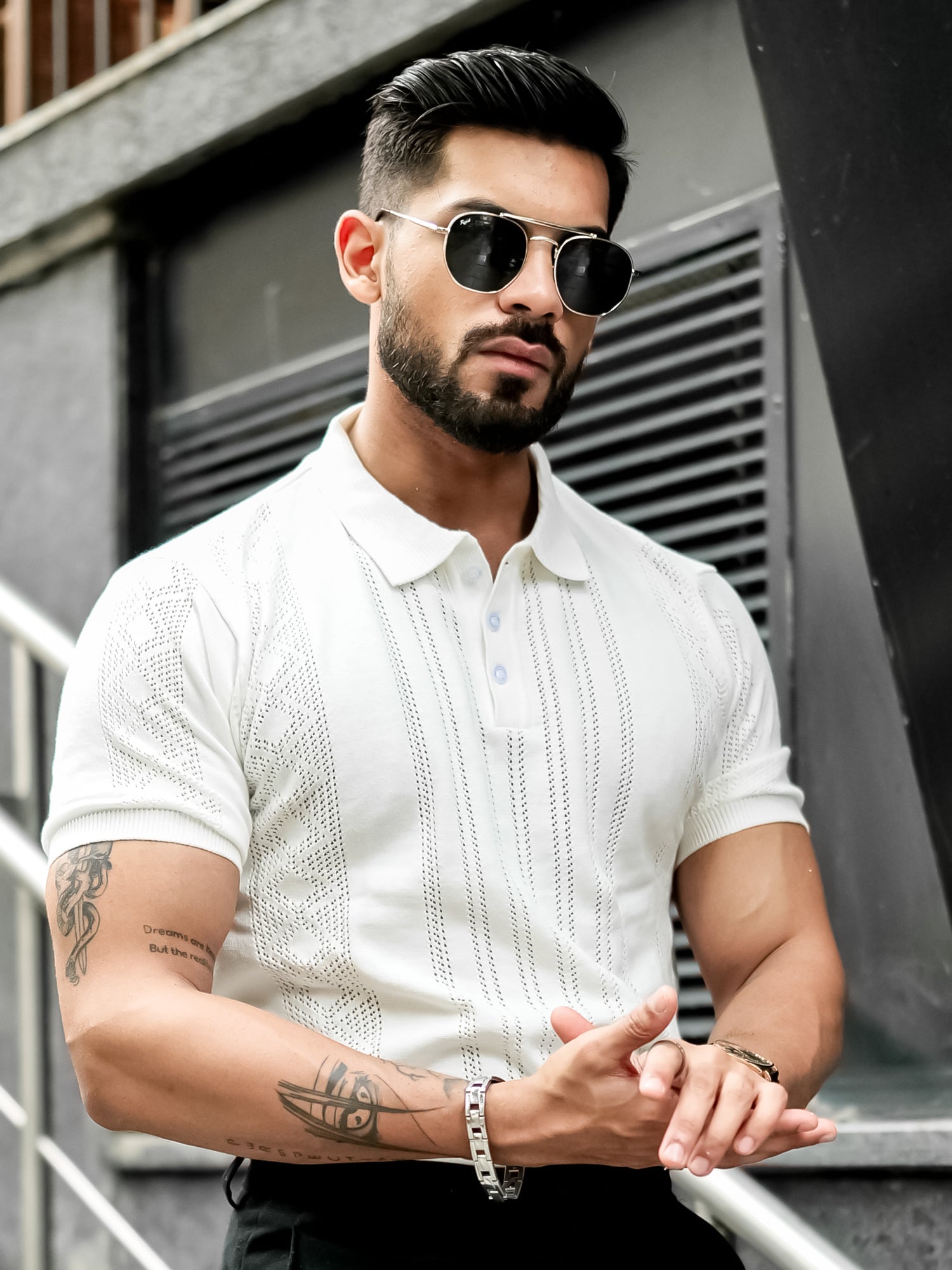 Flat Knit White Slim Polo T-Shirt