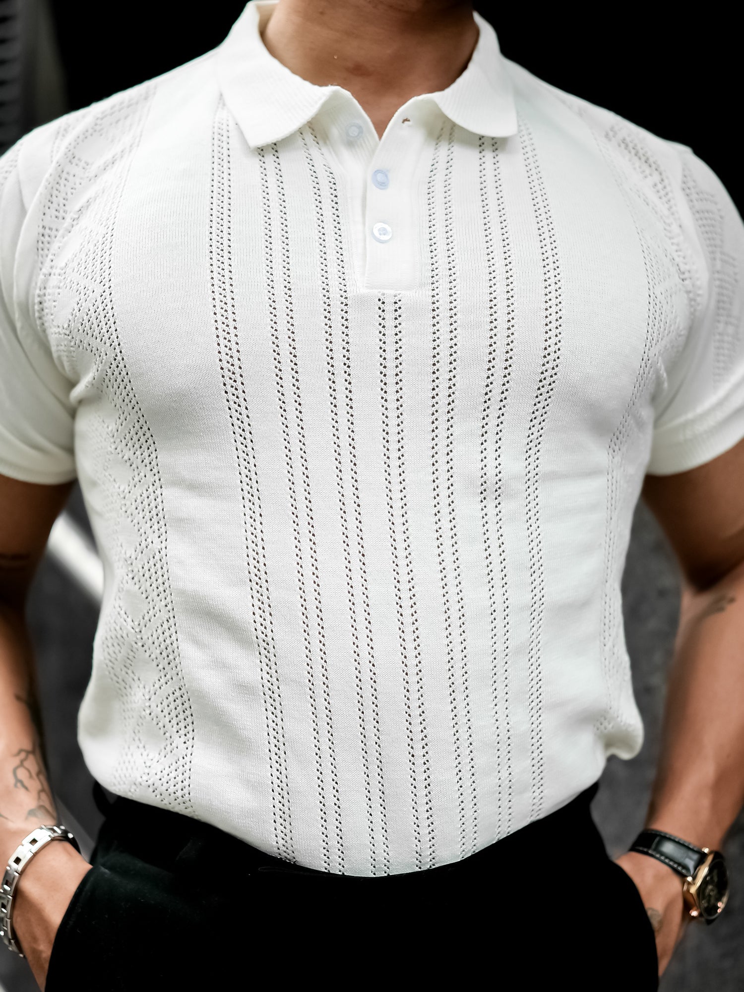 Flat Knit White Slim Polo T-Shirt