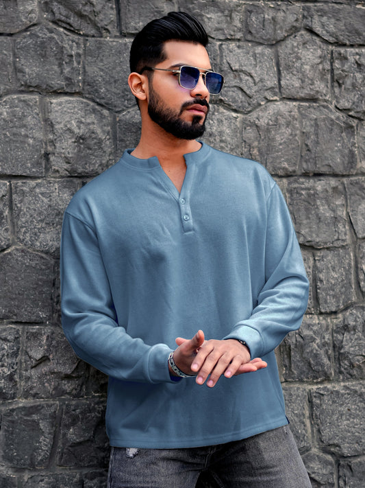 Coarse Knit Light Grey Henley Full Sleeve Sweatshirt