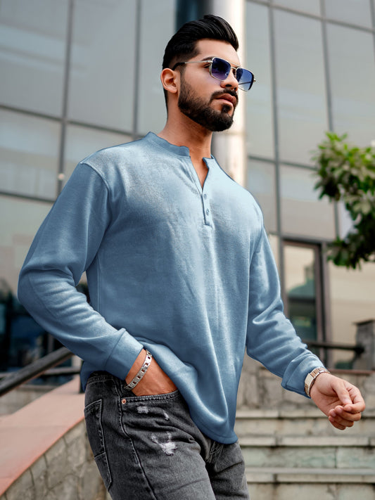 Coarse Knit Light Grey Henley Full Sleeve Sweatshirt
