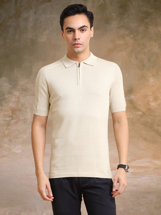 Luxe Knit Beige Half Sleeve Polo Tshirt