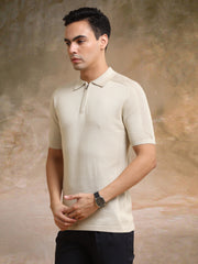 Luxe Knit Beige Half Sleeve Polo Tshirt