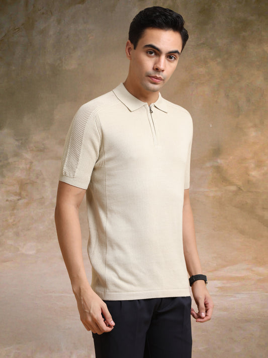 Luxe Knit Beige Half Sleeve Polo Tshirt