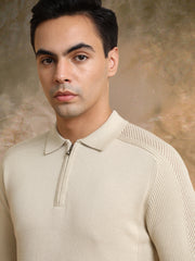 Luxe Knit Beige Half Sleeve Polo Tshirt