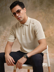 Luxe Knit Beige Half Sleeve Polo Tshirt