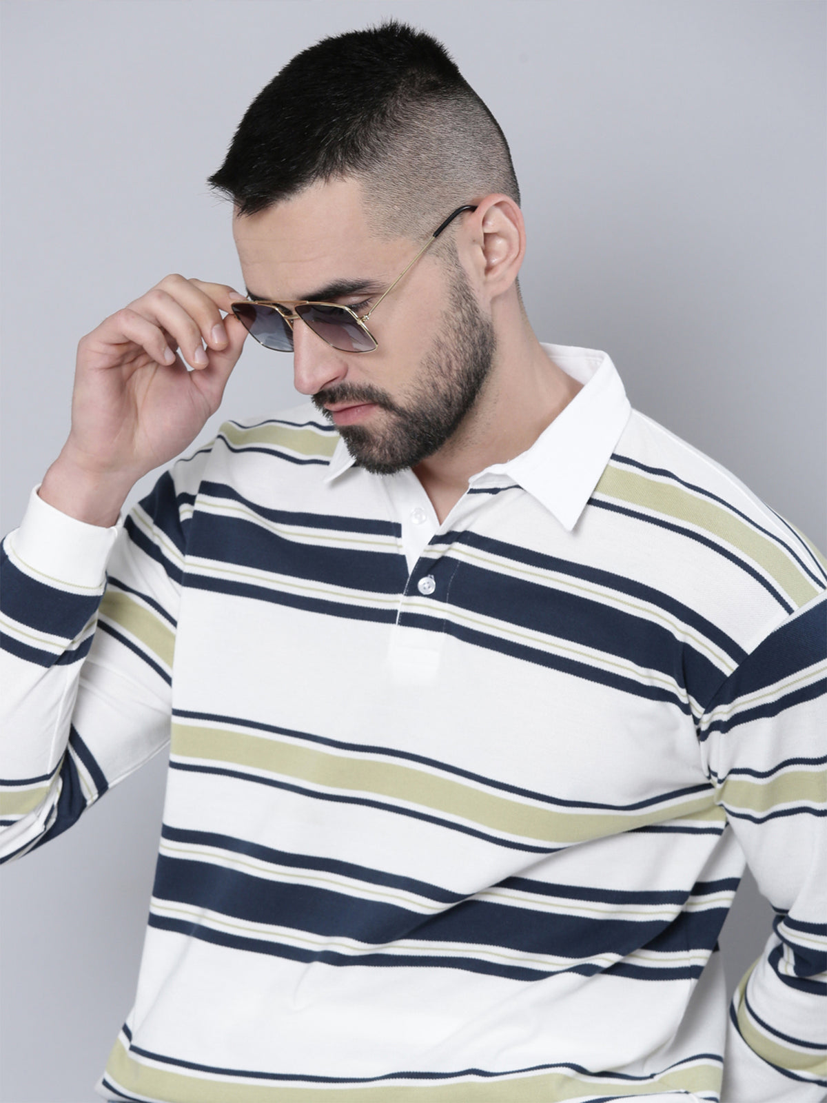 Auto Stripes Beige Navy Polo T-Shirt
