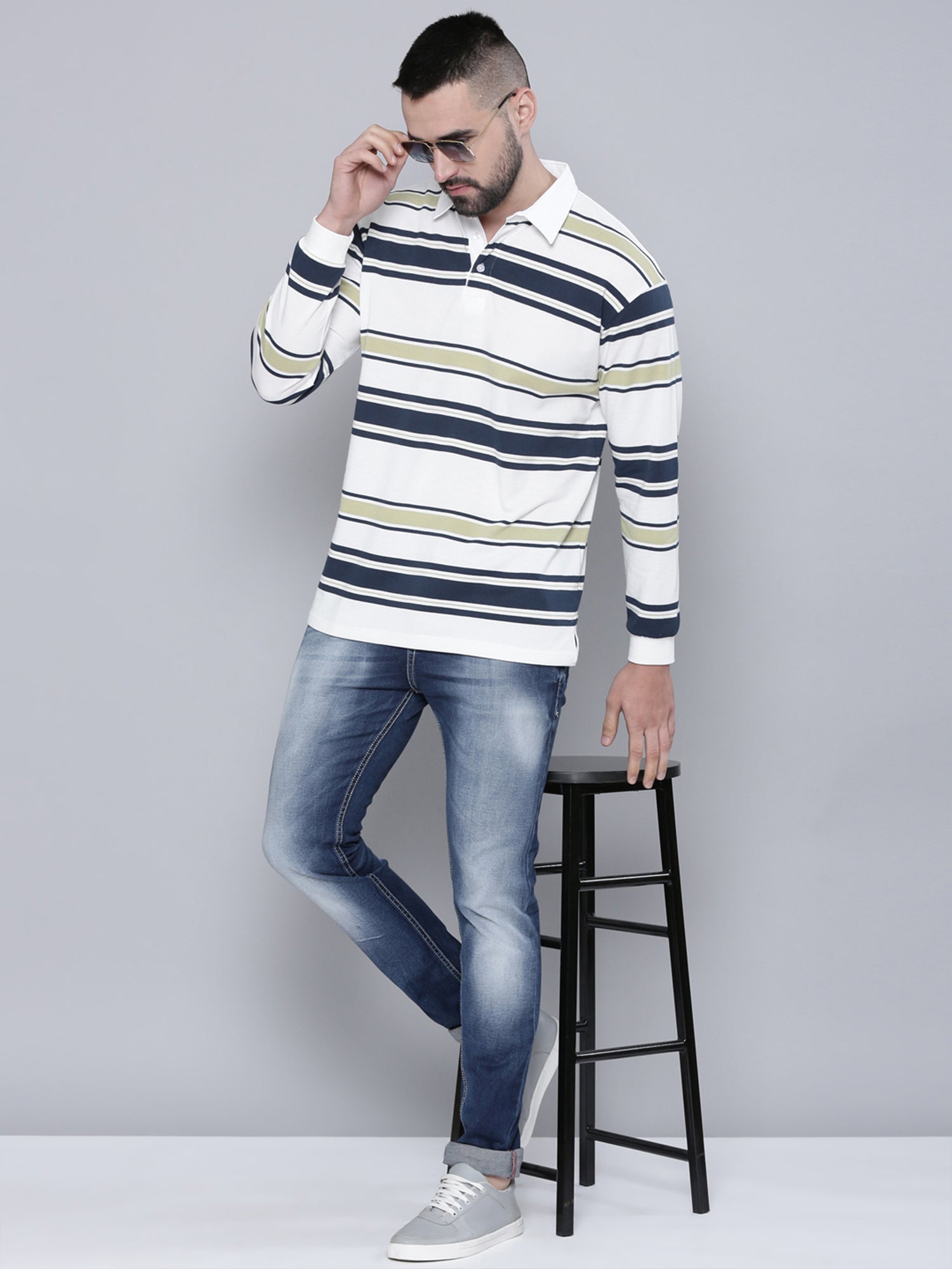 Auto Stripes Beige Navy Polo T-Shirt