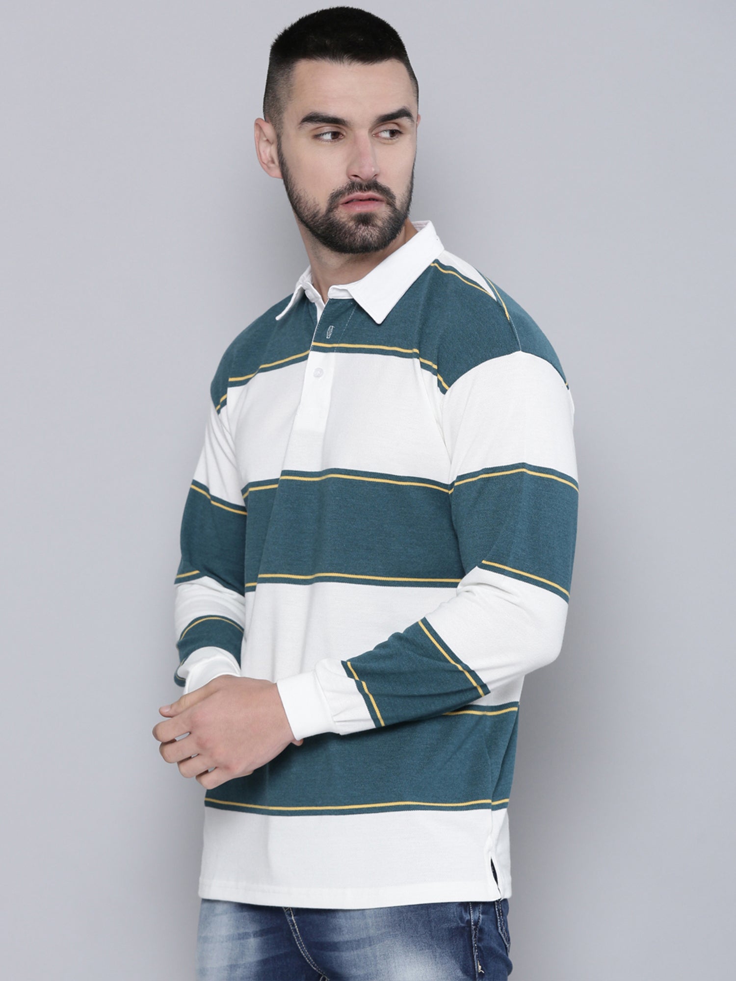 Auto Stripes Beige TealBlue Polo T-Shirt