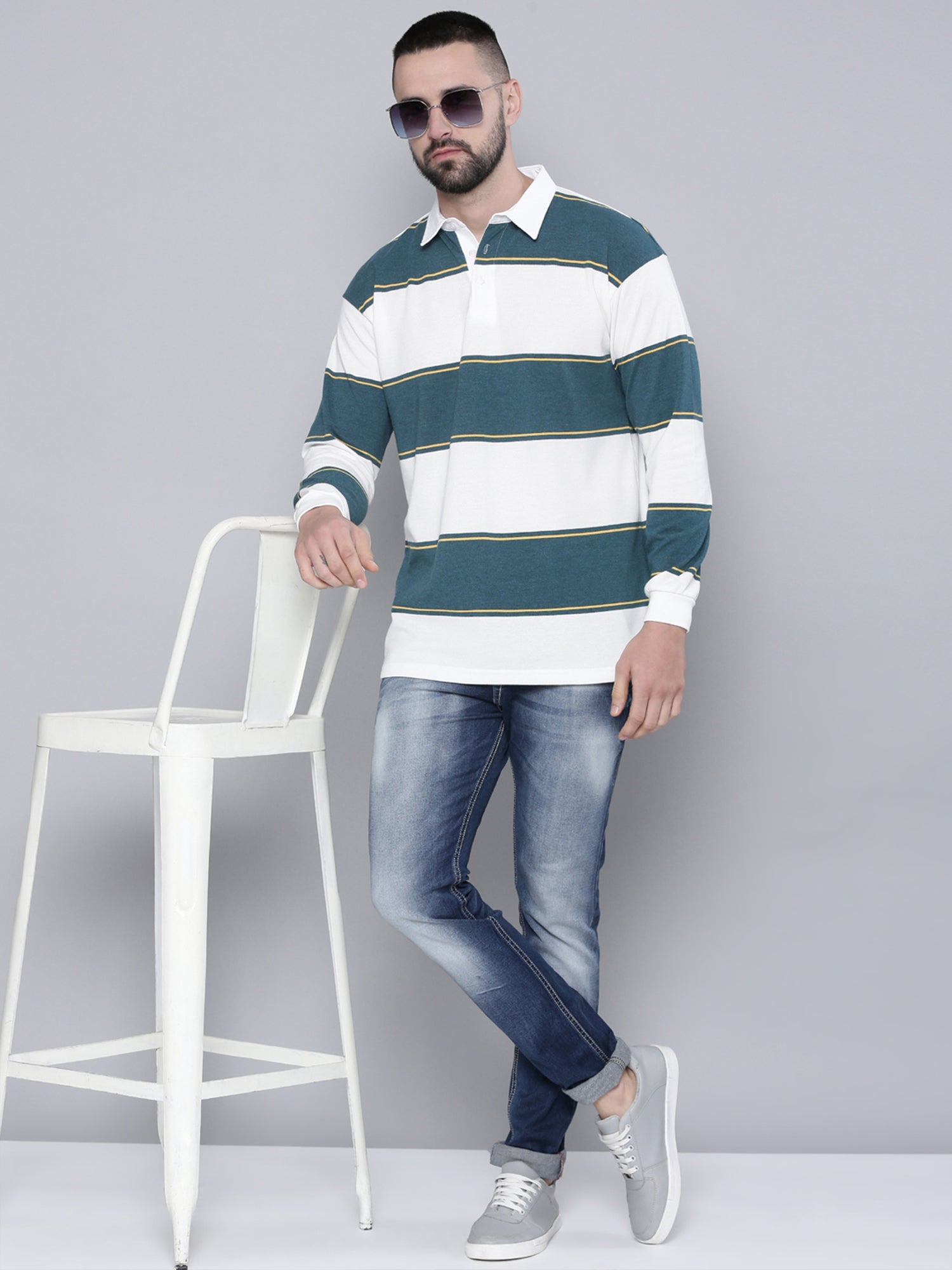 Auto Stripes Beige TealBlue Polo T-Shirt