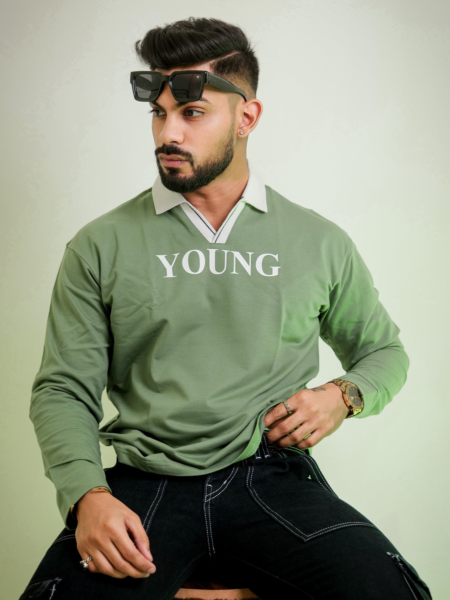 Young Hunter Green Fullsleeve Polo T-shirt