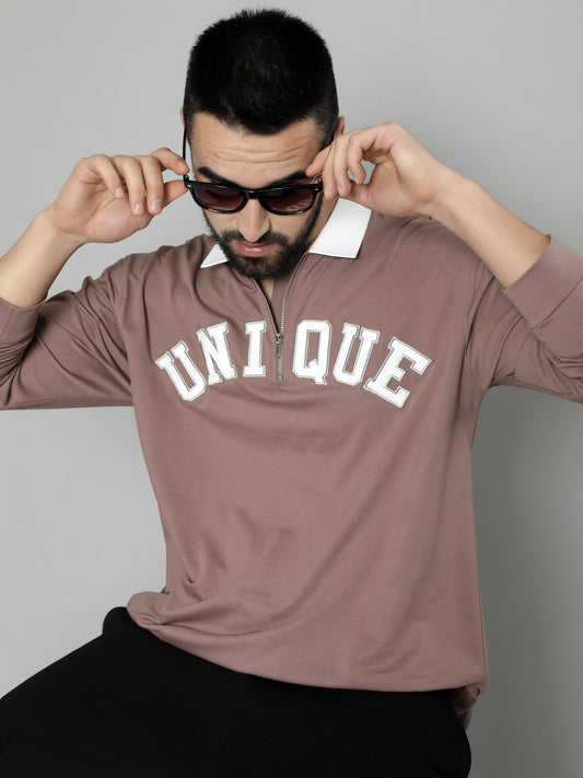 Half Zip Unique Dusty Pink Fullsleeve Polo Tshirt
