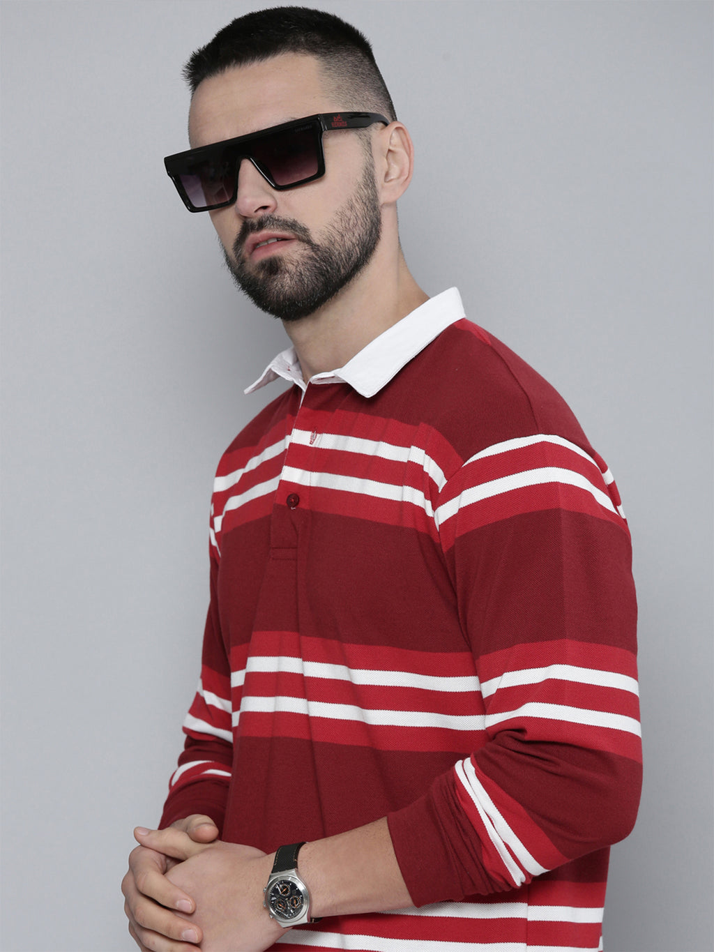 red white and black striped polo shirt