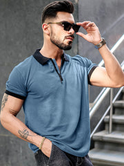 Solid Denim Blue Half Sleeve  Half Sleeve Polo T-Shirt
