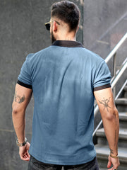 Solid Denim Blue Half Sleeve  Half Sleeve Polo T-Shirt