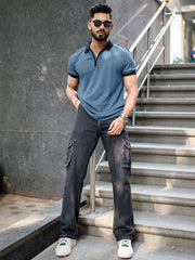Solid Denim Blue Half Sleeve  Half Sleeve Polo T-Shirt