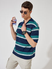 Auto Stripe Navy Half Sleeve T-Shirt