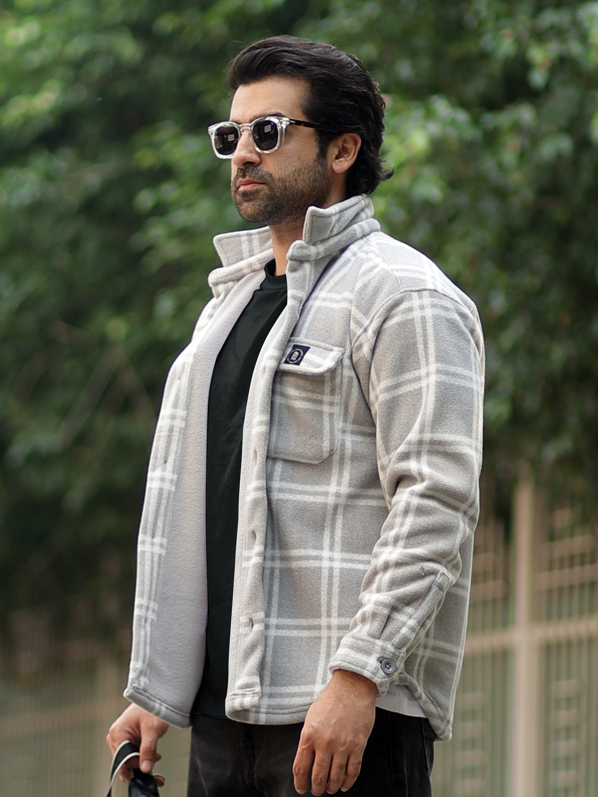 Grey full sleeve checkered shacket for men - view 2