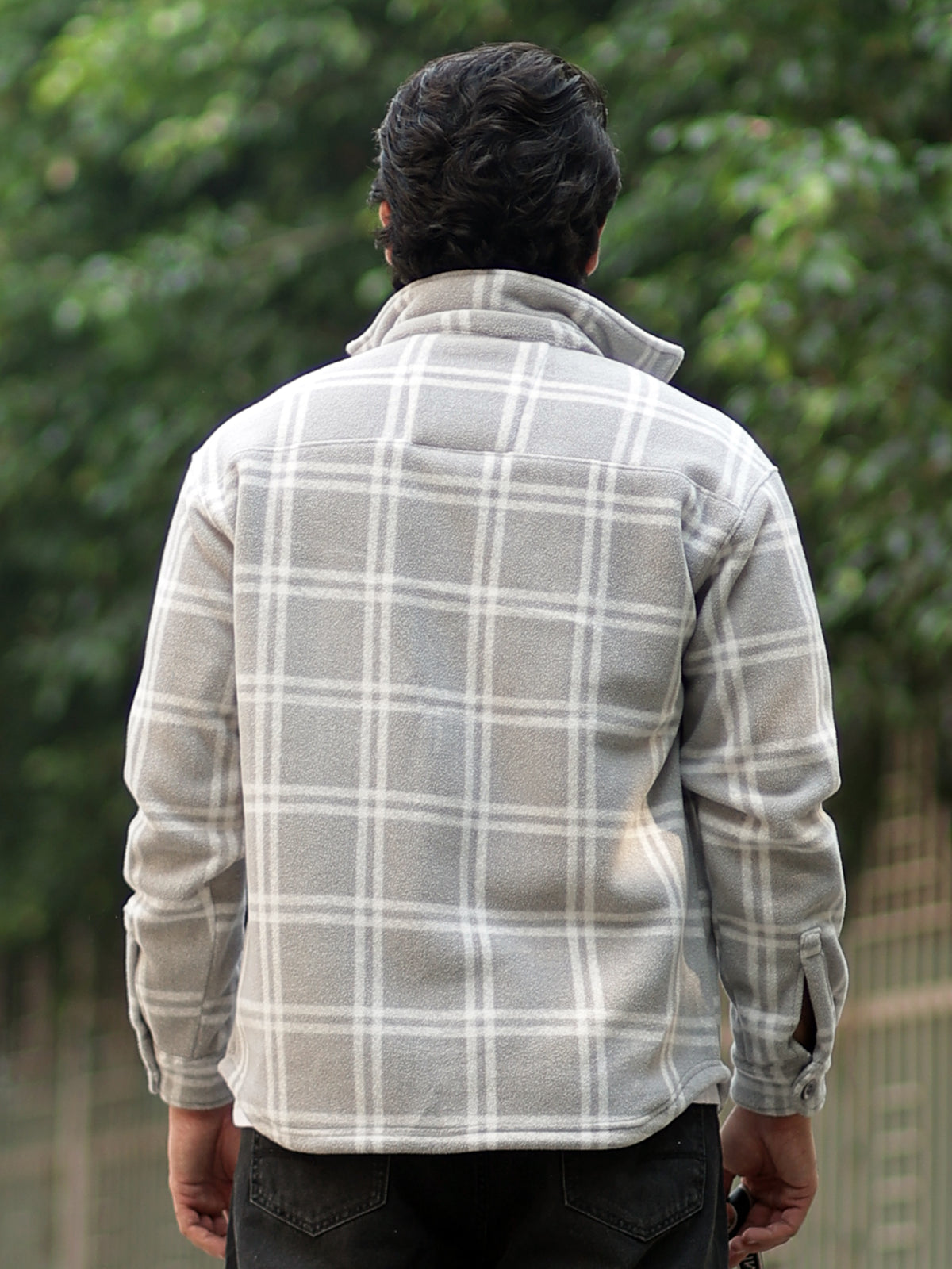 Grey full sleeve checkered shacket for men - view 3