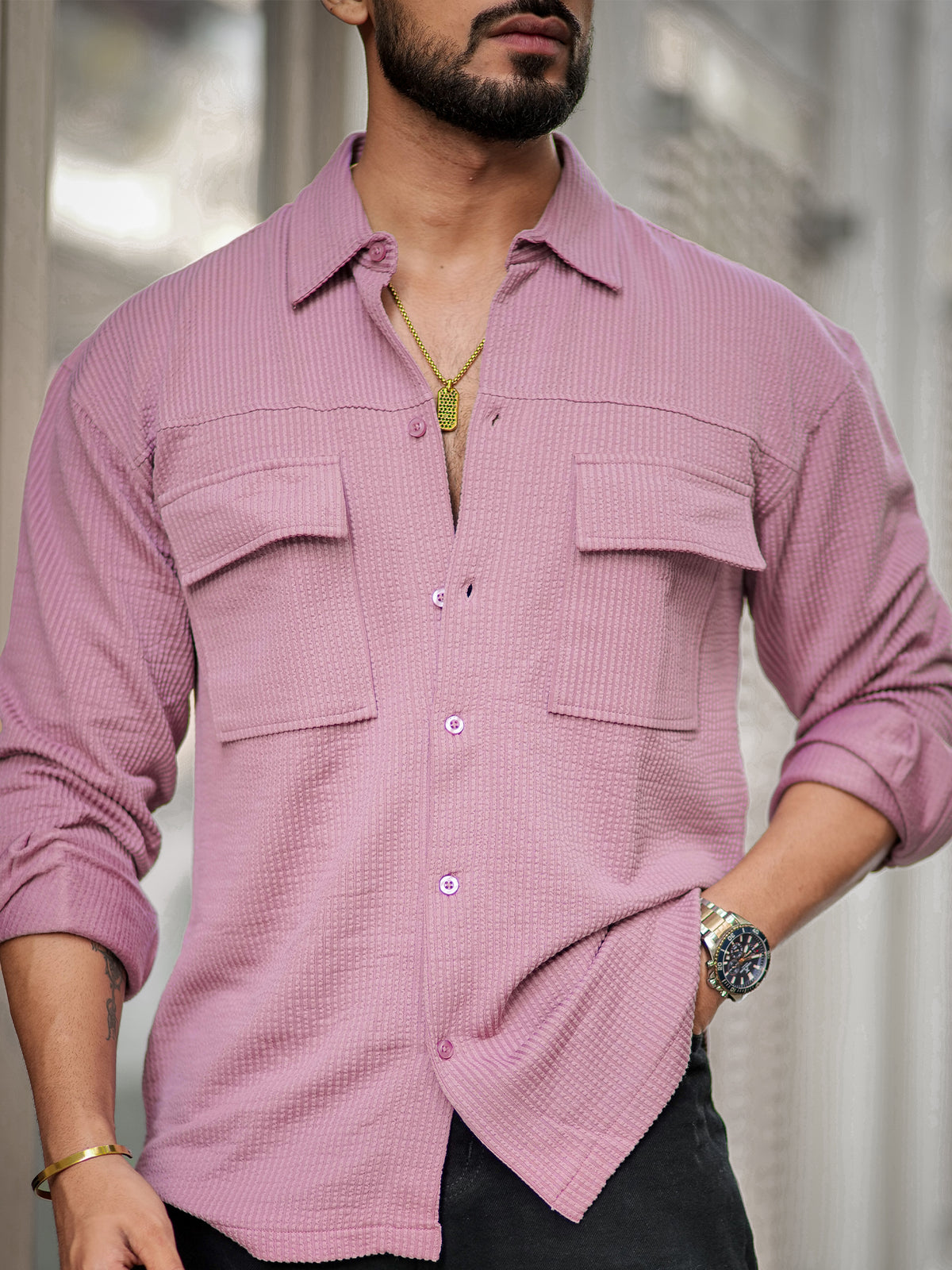 Pink full sleeve elliot knit lycra shirt for men - view 5