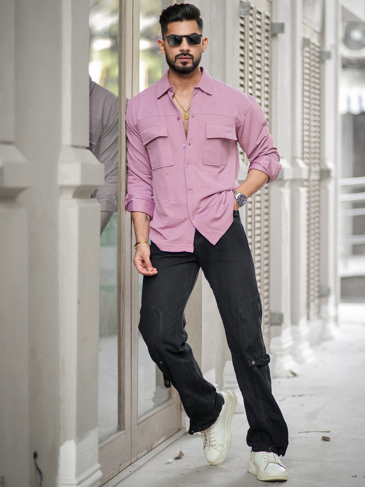 Pink full sleeve elliot knit lycra shirt for men - view 7