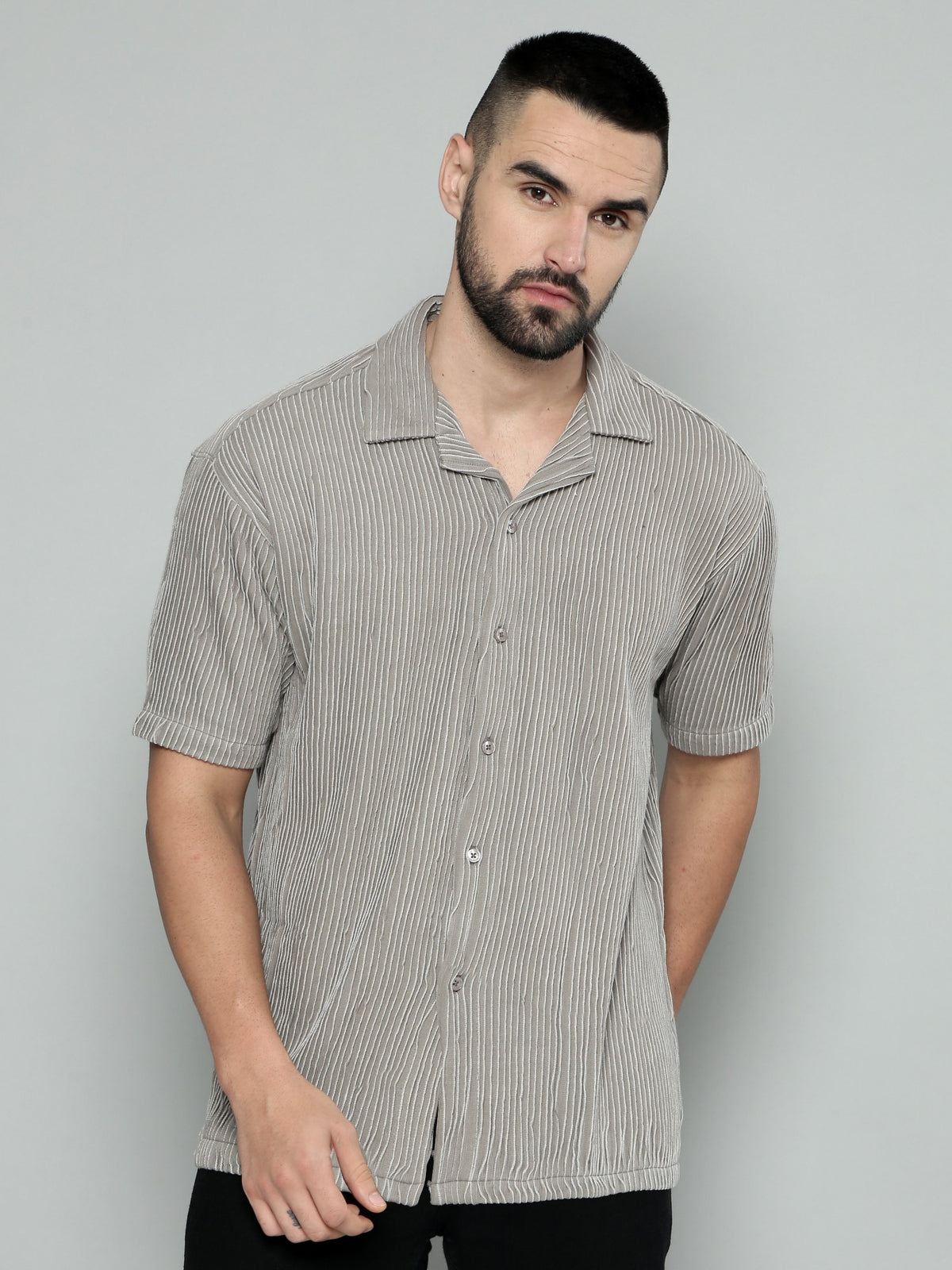 Grey half sleeve crochet shirt for men - view 3
