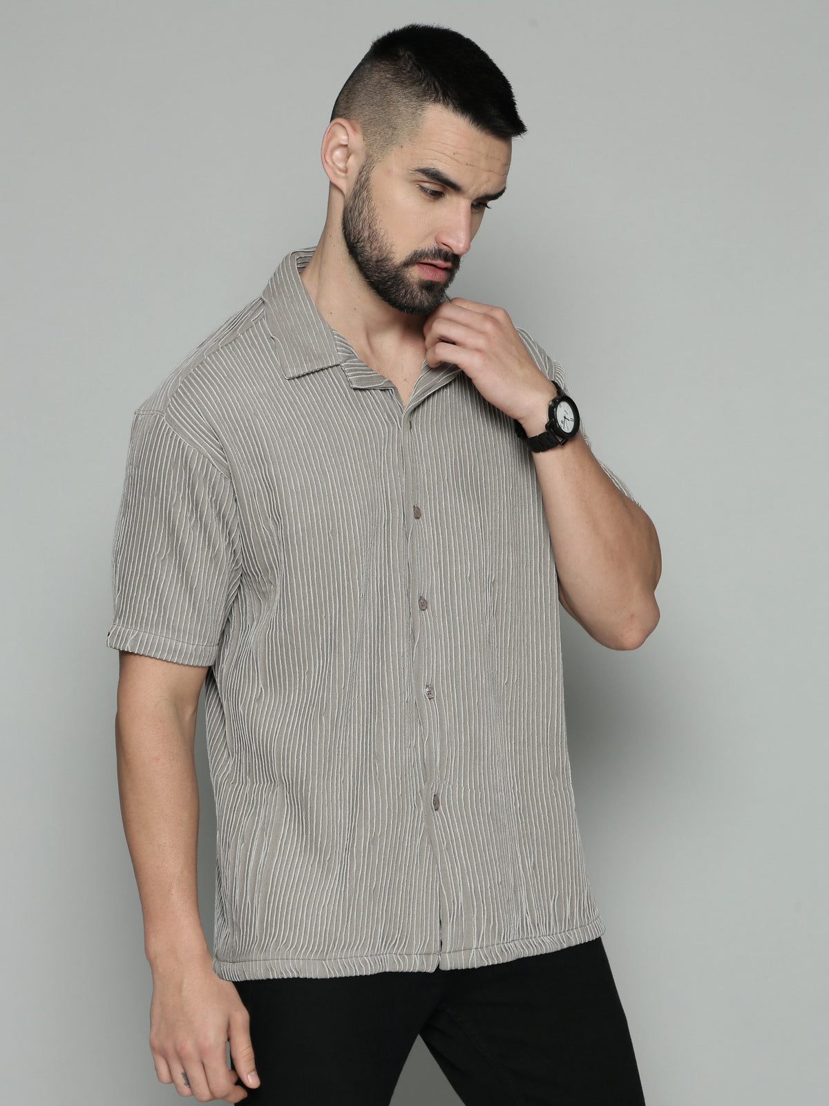 Grey half sleeve crochet shirt for men - view 6