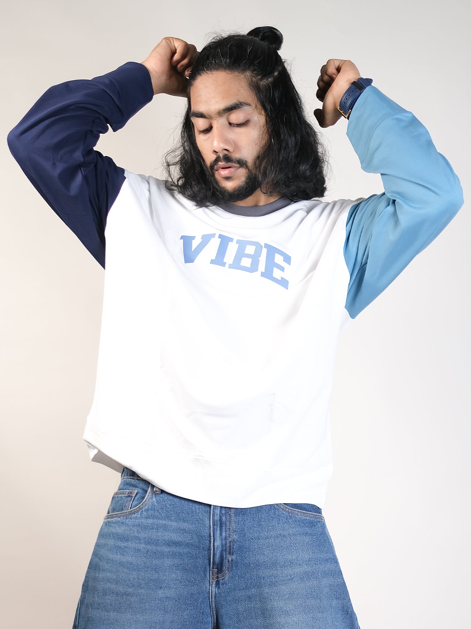 Vibe White, Navy Sweatshirt