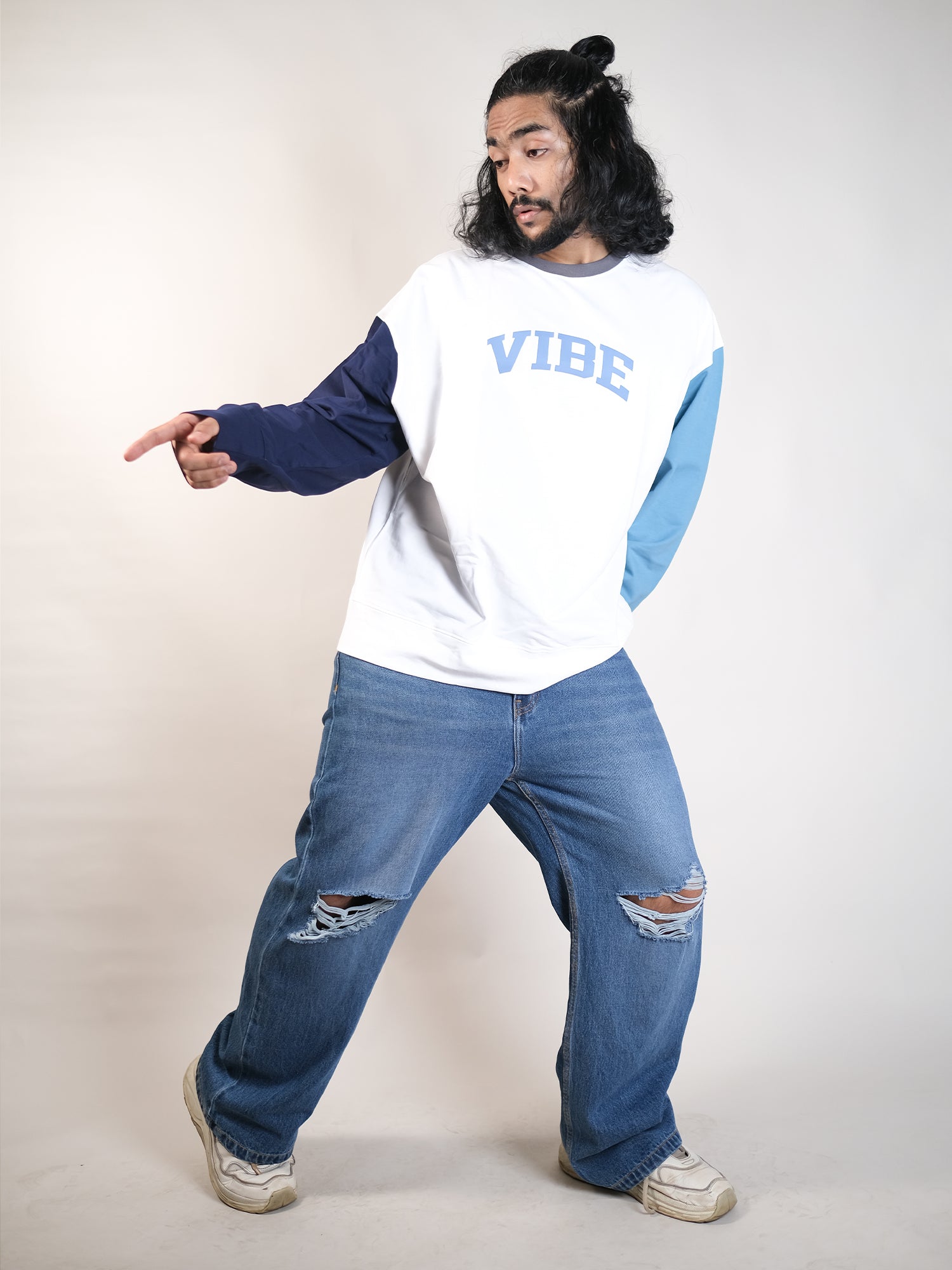 Vibe White, Navy Sweatshirt