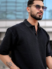 Cord Textured Black Half Sleeve Polo T-Shirt