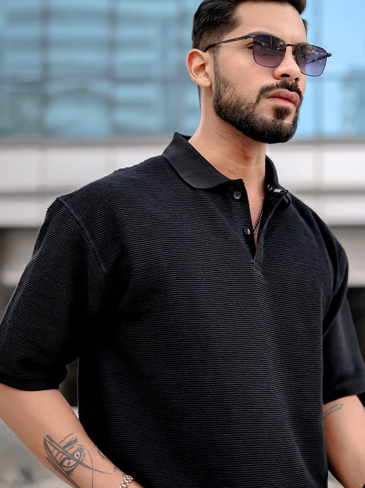 Cord Textured Black Half Sleeve Polo T-Shirt