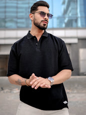 Cord Textured Black Half Sleeve Polo T-Shirt
