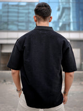 Cord Textured Black Half Sleeve Polo T-Shirt